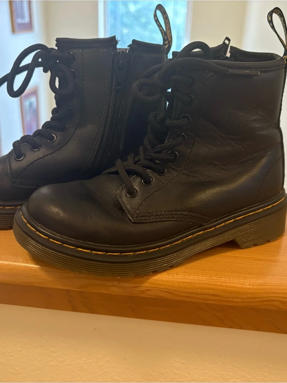 Kids boots: Dr. Martens Black Leather Kids Lace-Up Boots with Yellow Stitching